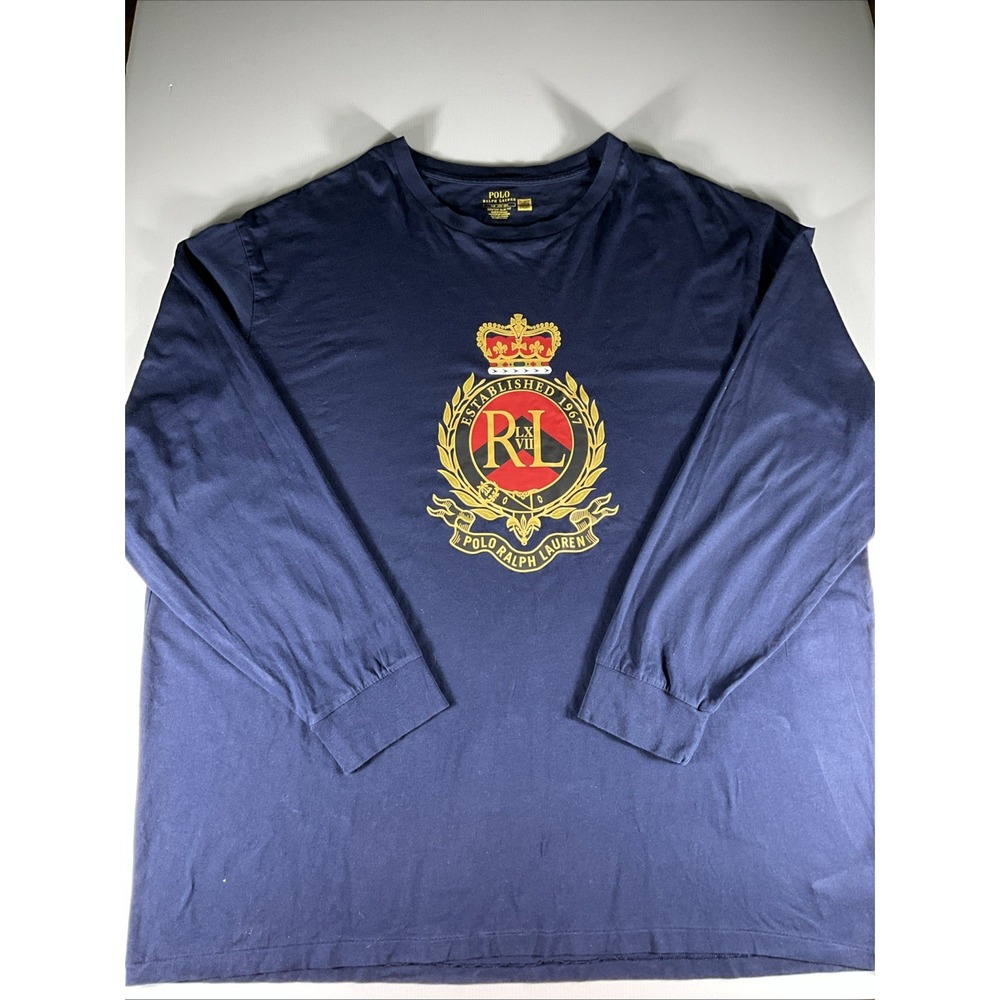 Polo Ralph Lauren Men's 3XB Navy Crest Graphic Long Sleeve T-Shirt Custom Slim